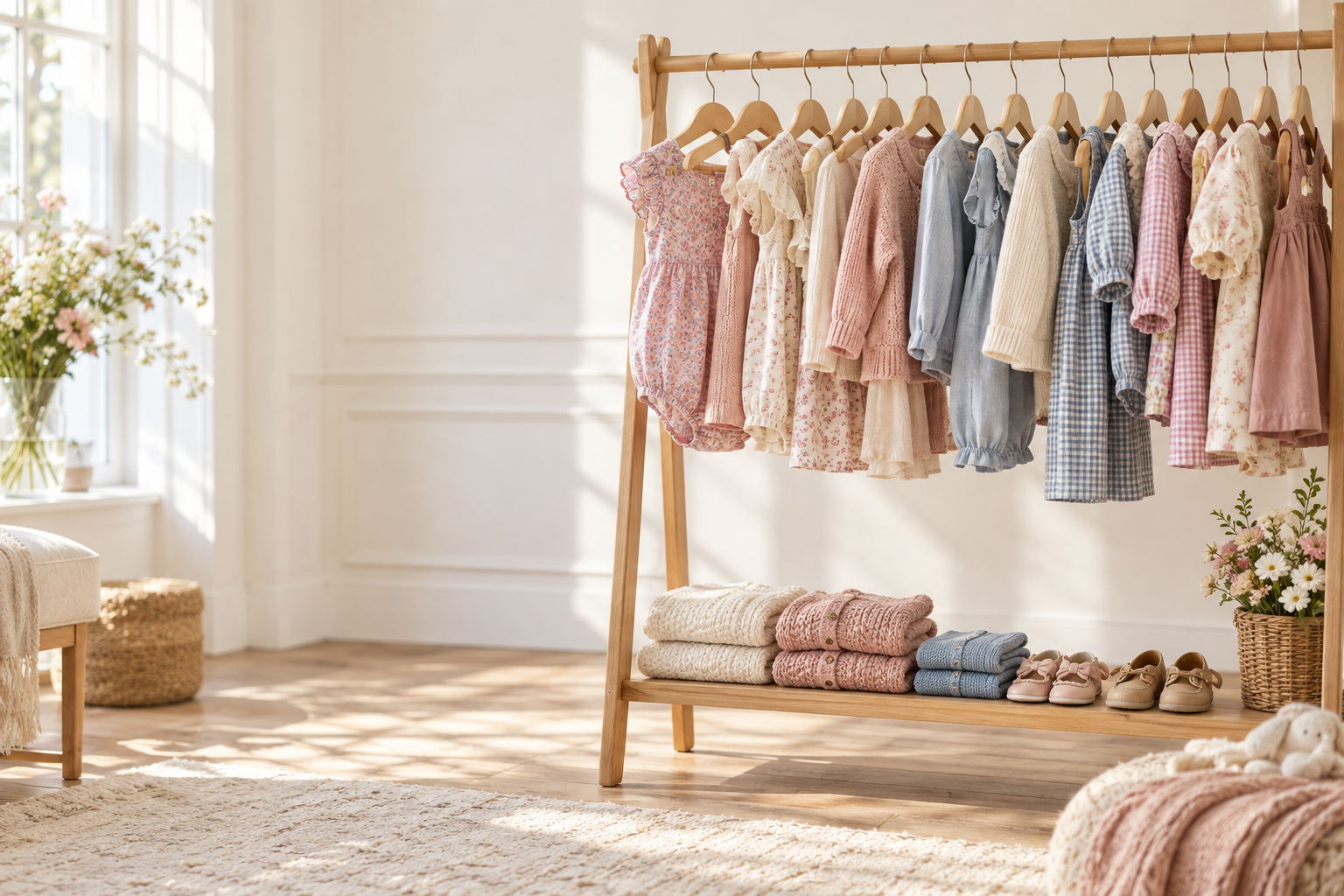A sunlit rack of coordinated baby and toddler outfits in blush, blue and cream